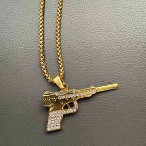 🔫 Faux Gold Gem Bedazzled Gun Pendant Necklace